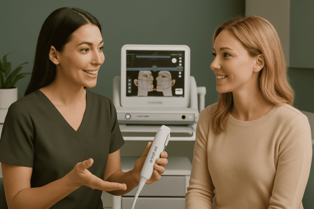 2025 10 greenspringaestheticscom blog med spa ultherapy event v1  green spring aesthetics - ultherapy specialist explaining treatment results during a consultation event.