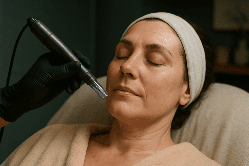 2025 10 greenspringaestheticscom blog microneedling benefits anti aging v1  green spring aesthetics - mature woman receiving a microneedling treatment on her face.