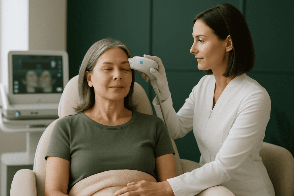 2025 10 greenspringaestheticscom blog ultherapy for brows v1  green spring aesthetics - technician performing ultherapy on a woman’s forehead area.
