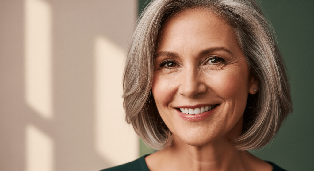 confident woman over 50 with smooth, youthful skin