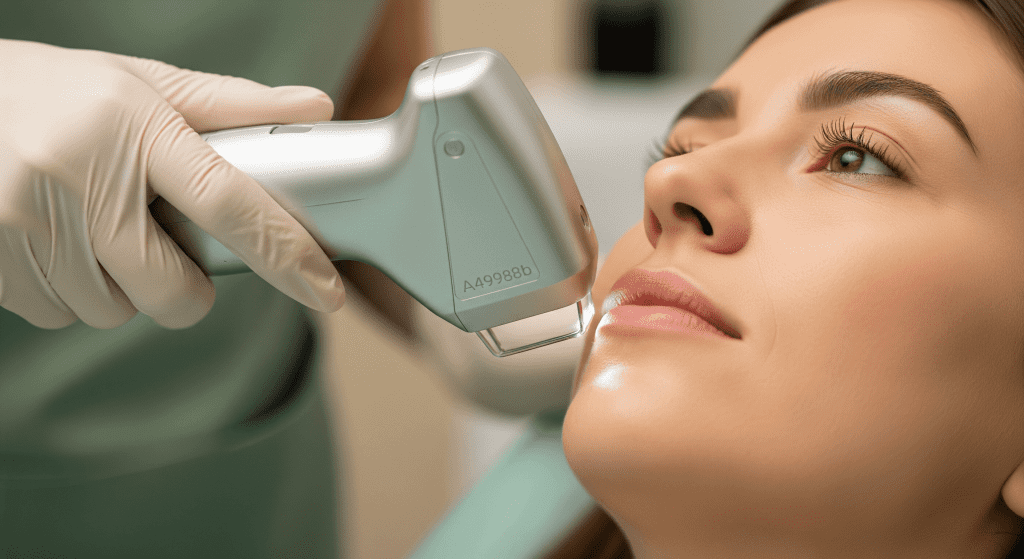 aesthetic provider using a laser device to shrink pores on the face