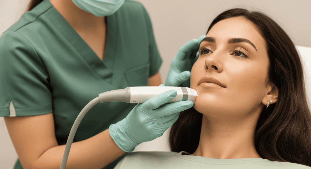 aesthetic provider performing ultherapy on a patient’s lower face