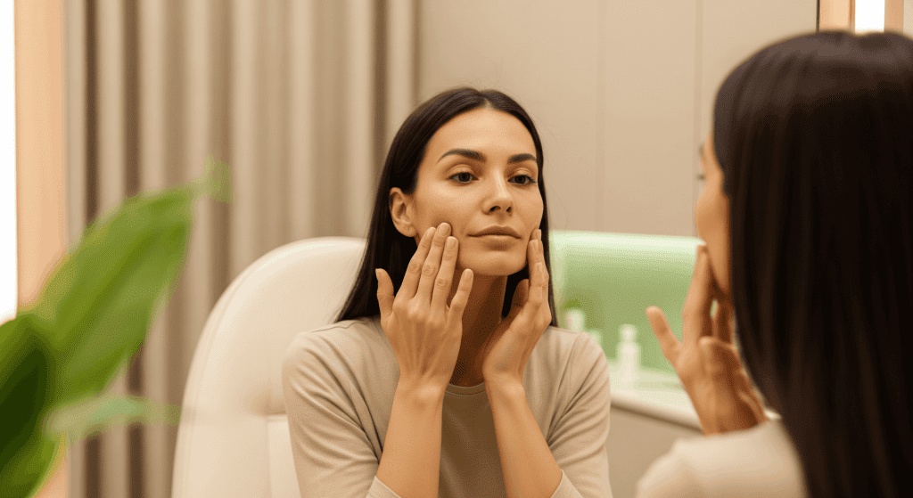 2026 02 greenspringaestheticscom blog alcohol aging skin collagen pores texture v1 green spring aesthetics - woman inspecting facial texture and firmness in the mirror.