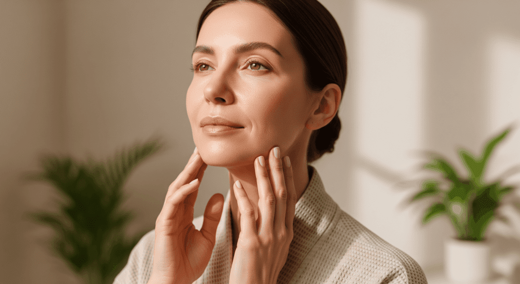 2026 02 greenspringaestheticscom blog non surgical facelift results and limits v1 green spring aesthetics - woman assessing her skin after a non-surgical facelift.
