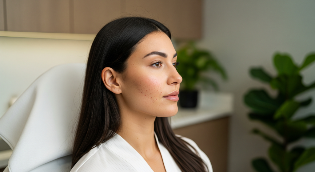close-up of large pores on cheeks before professional treatment