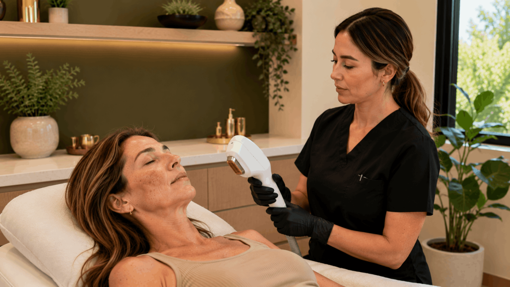 ipl photofacial for sun damage treatment session on facial skin.