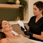IPL photofacial for sun damage treatment session on facial skin.
