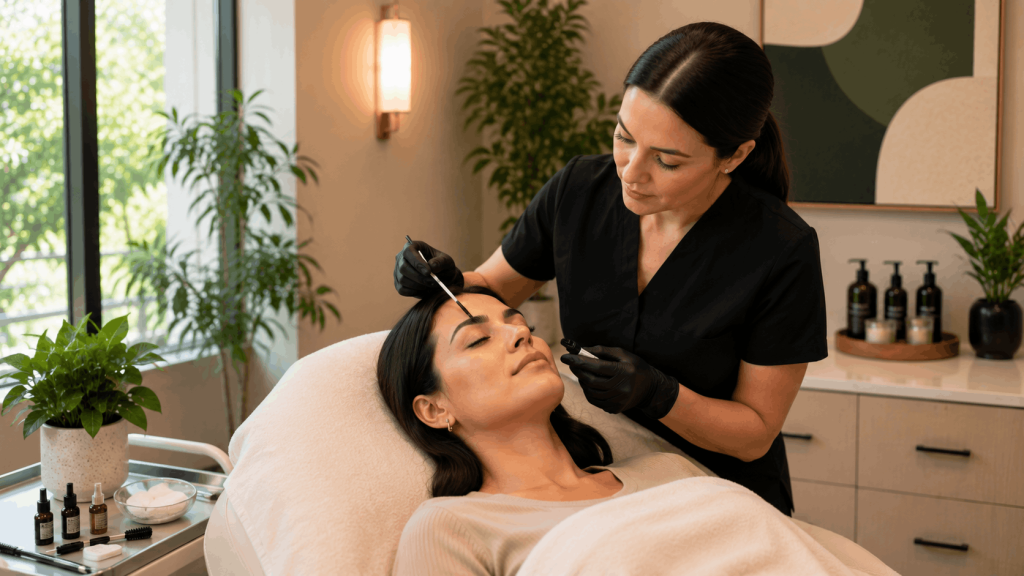 eyebrow and lash tinting treatment performed by aesthetic provider.