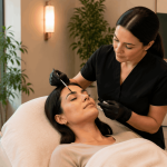 Eyebrow and lash tinting treatment performed by aesthetic provider.