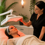 LED light therapy after laser treatment for skin recovery.