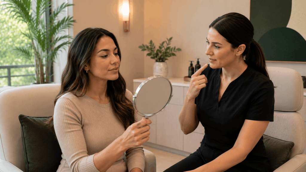 lip augmentation consultation with patient reviewing facial goals.