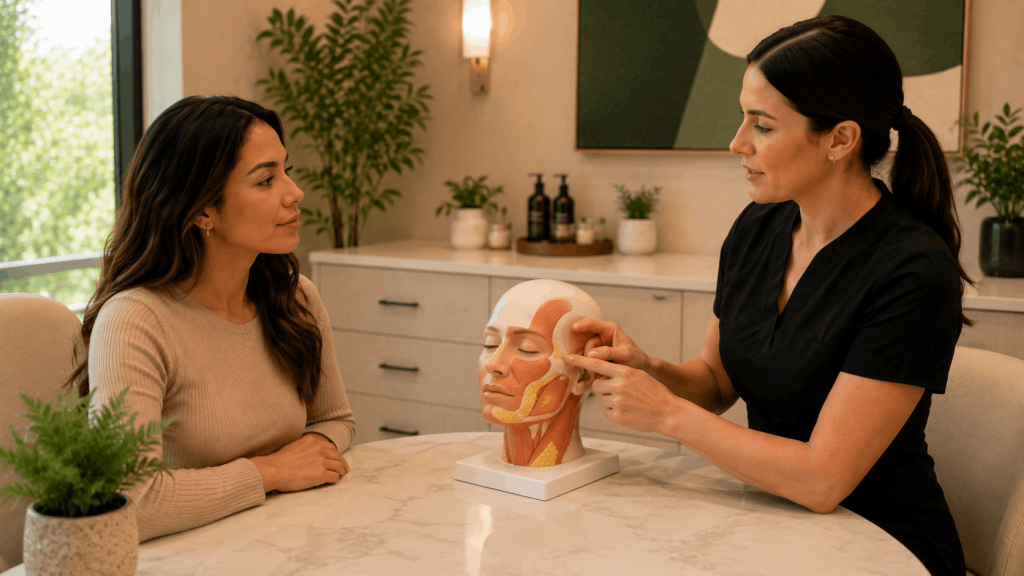 consultation about permanent dermal fillers using facial anatomy model.