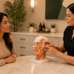 Consultation about permanent dermal fillers using facial anatomy model.
