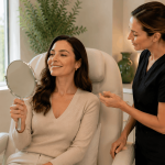 Patient checking eyebrow results after beauty treatment for How Eyebrow and Lash Tinting Maintenance Keeps Color Looking Even