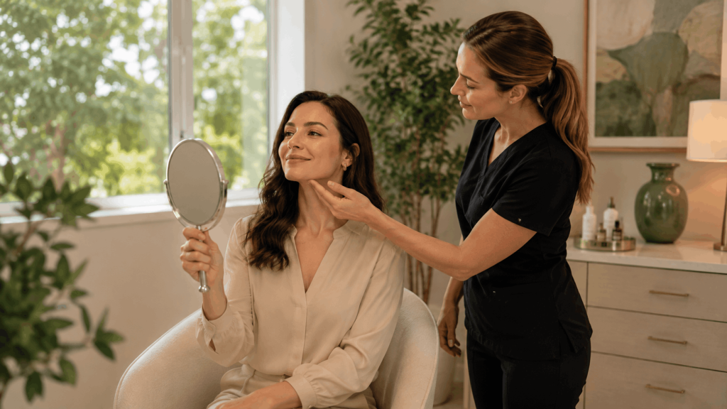 provider assessing a patient's jawline during a cosmetic consultation for jawline contouring mistakes that can make the lower face look unbalanced
