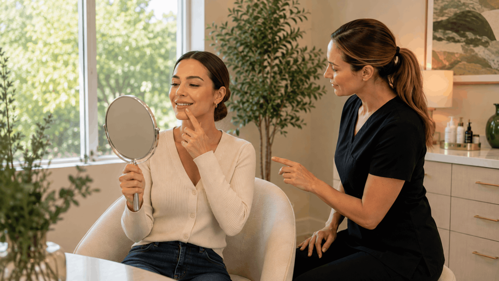 patient reviewing lip shape with a provider during consultation for how natural lip augmentation planning respects your existing lip shape