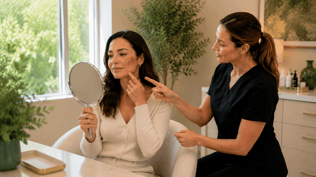 2026 09 greenspringaestheticscom gmb post images understanding dark spot causes removal treatment v1 green spring aesthetics - provider examining facial pigmentation during consultation for why understanding dark spot causes matters before choosing a removal treatment