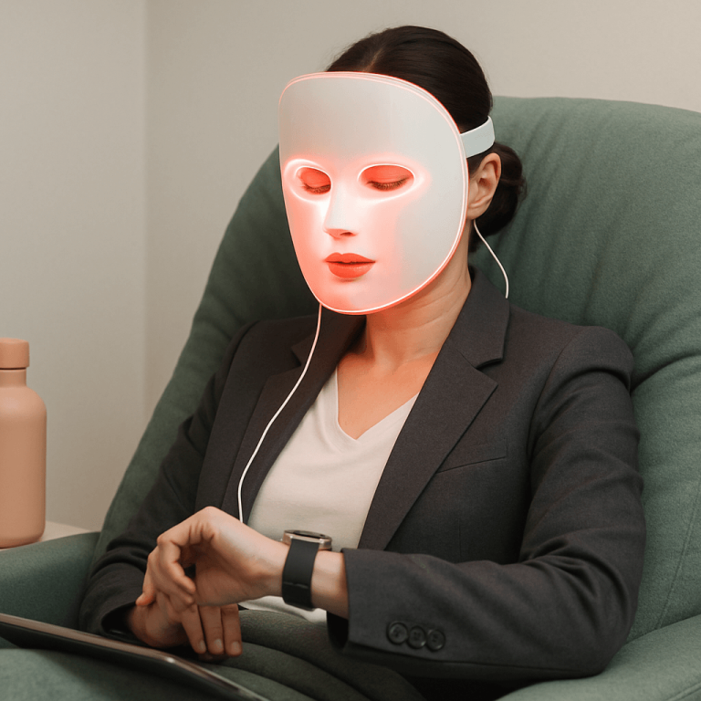Woman enjoying a facial mask representing aesthetic treatments for busy professionals.