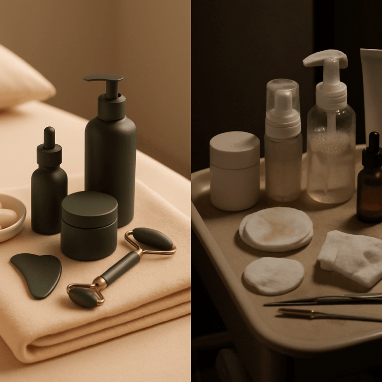 Assorted skincare tools and products representing the cost of cheap aesthetic treatments.