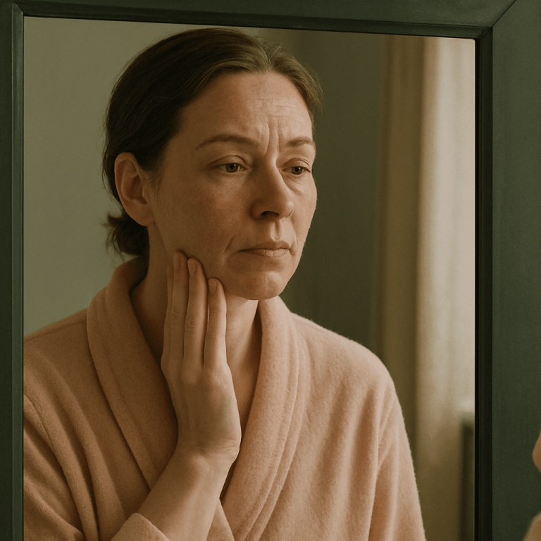 Woman examining her face in the mirror showing how hormones affect your skin.
