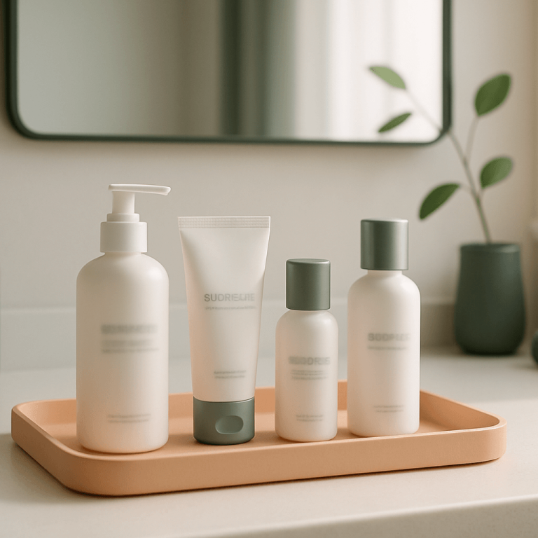 Medical-grade skincare at home products arranged on a bathroom counter.