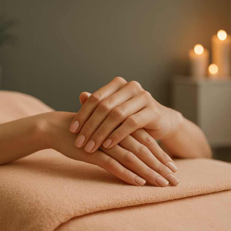 Relaxed hands on a spa blanket representing non-surgical aesthetic solutions.