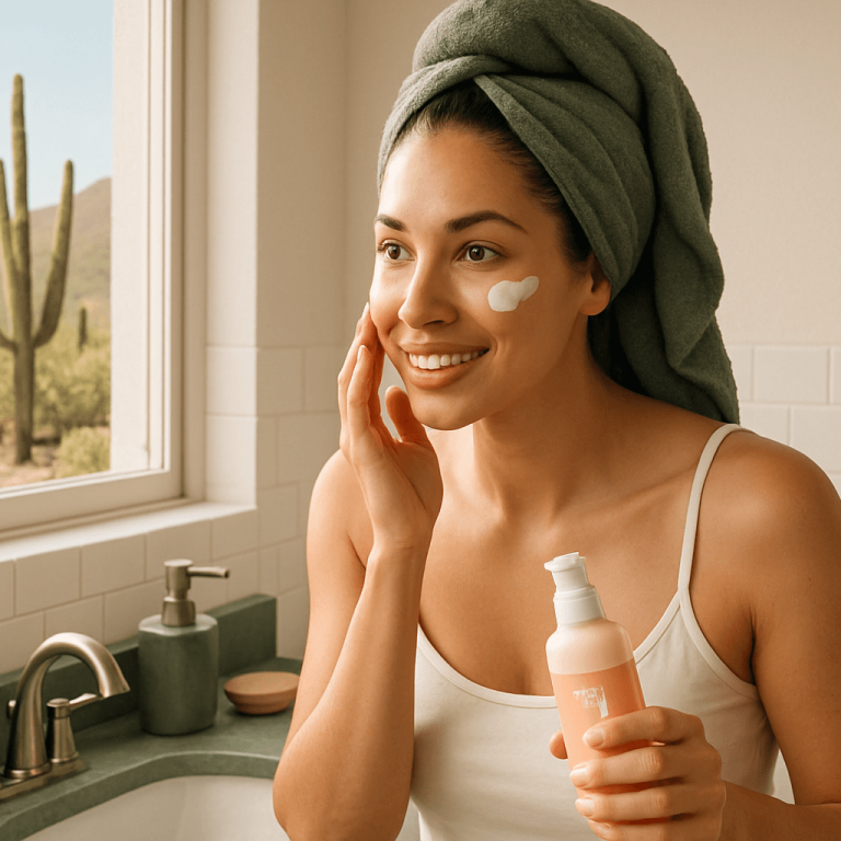 Woman applying moisturizer indoors with desert landscape outside, showing spring skincare tips.