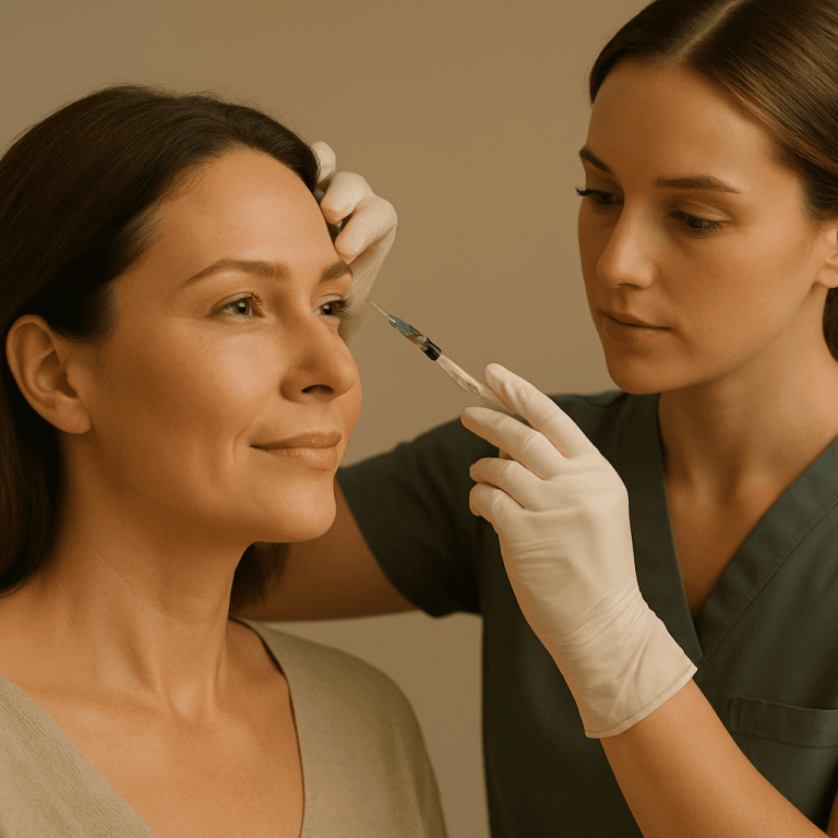 Medical professional administering Botox to a smiling woman in a clinical setting.