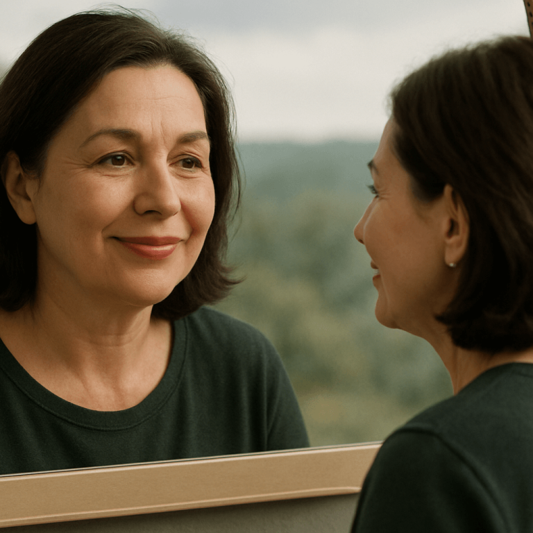 Mature woman admiring her reflection in a mirror with a smile.
