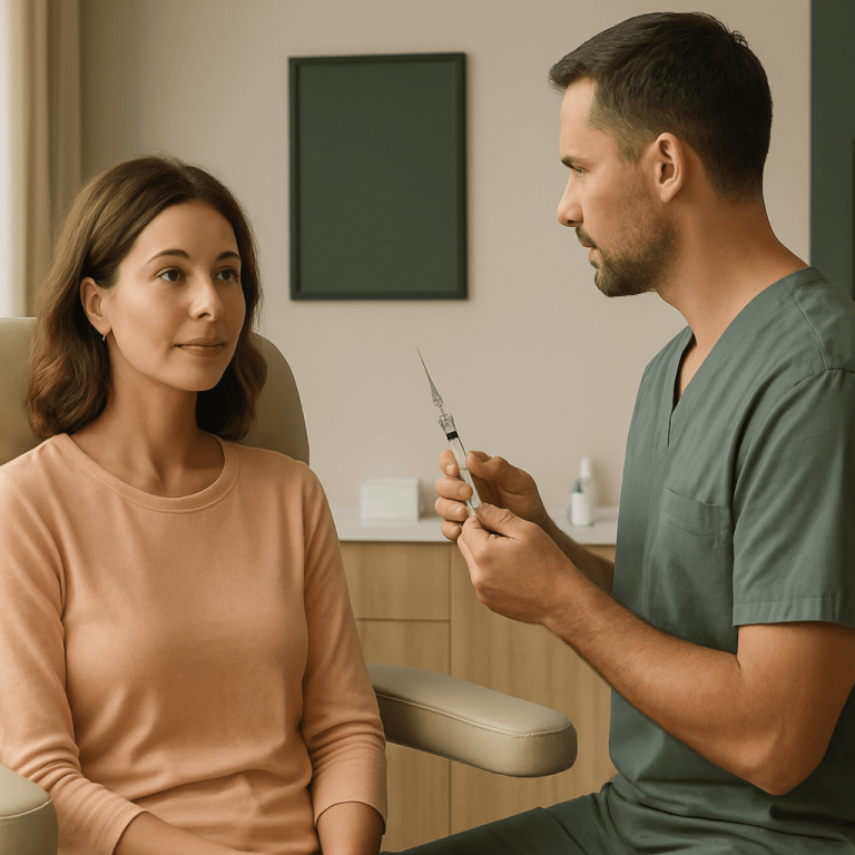 Male injector explaining a syringe treatment plan to a female patient.