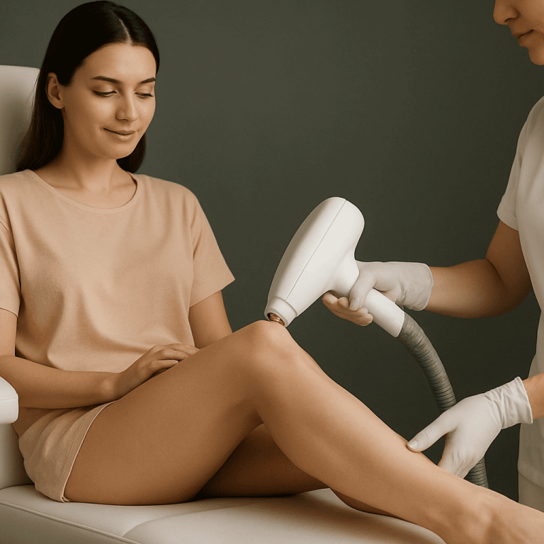 Woman receiving laser treatment on her legs by a provider wearing gloves.