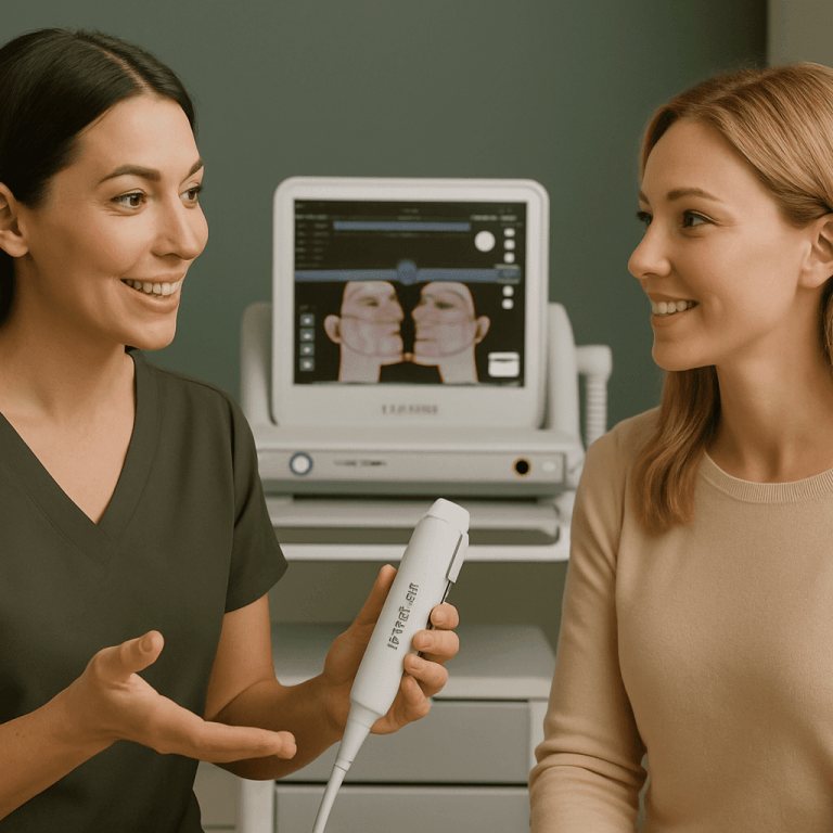 Ultherapy specialist explaining treatment results during a consultation event.