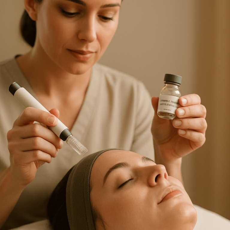 Provider applying AnteAGE serum during a microneedling session.