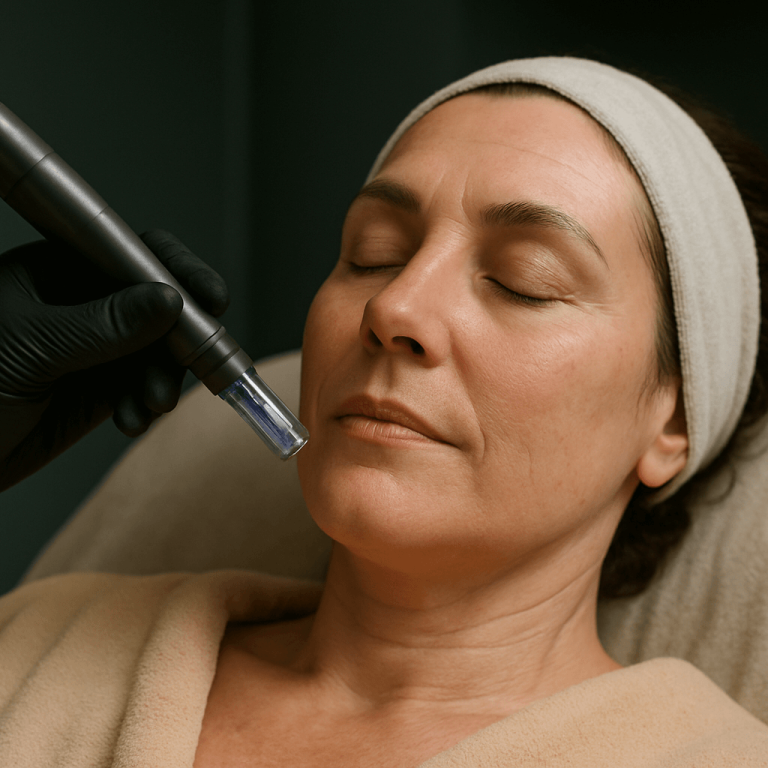 Mature woman receiving a microneedling treatment on her face.