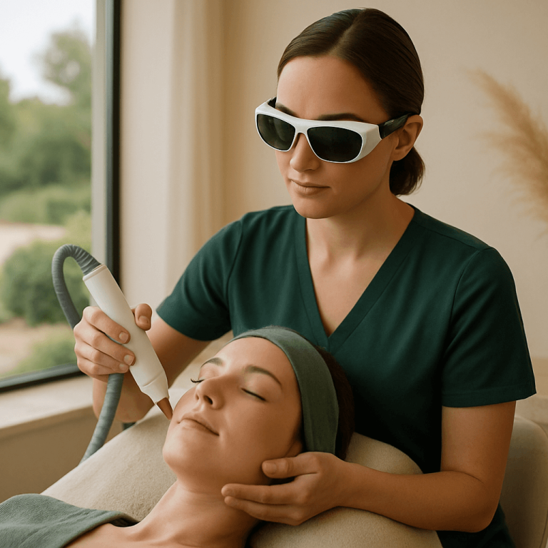 Aesthetician performing a facial laser treatment using non-hair removal technology.