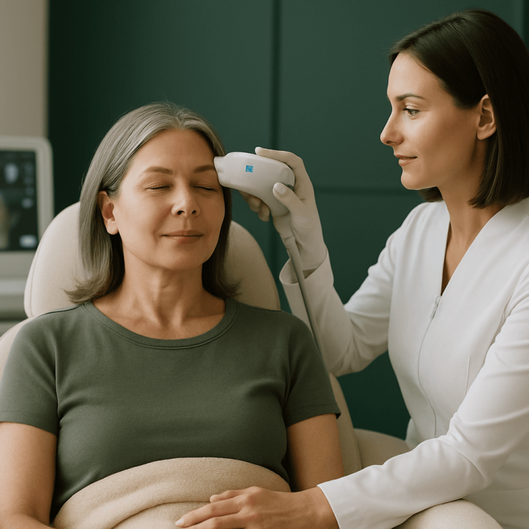 Technician performing Ultherapy on a woman’s forehead area.