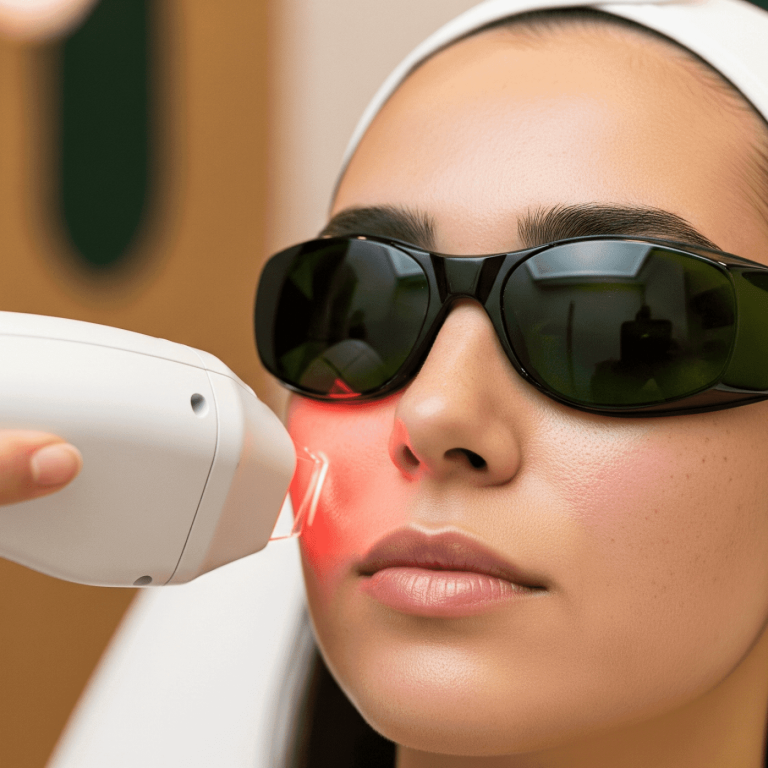 Woman receiving laser treatment for large pores on her face