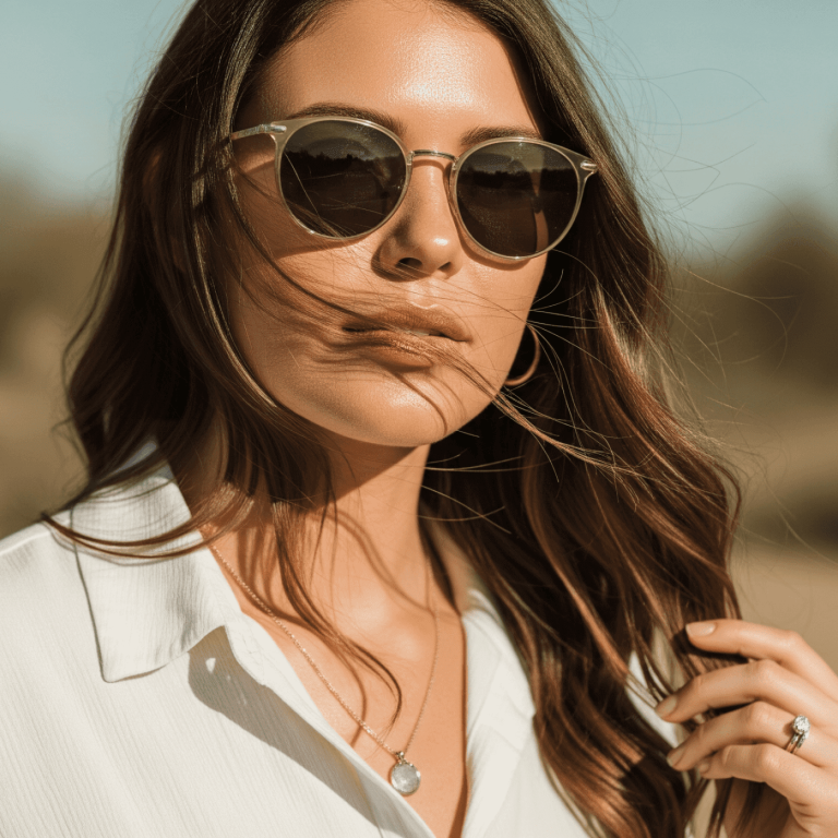 Woman with glowing skin in the desert after a pore-refining treatment