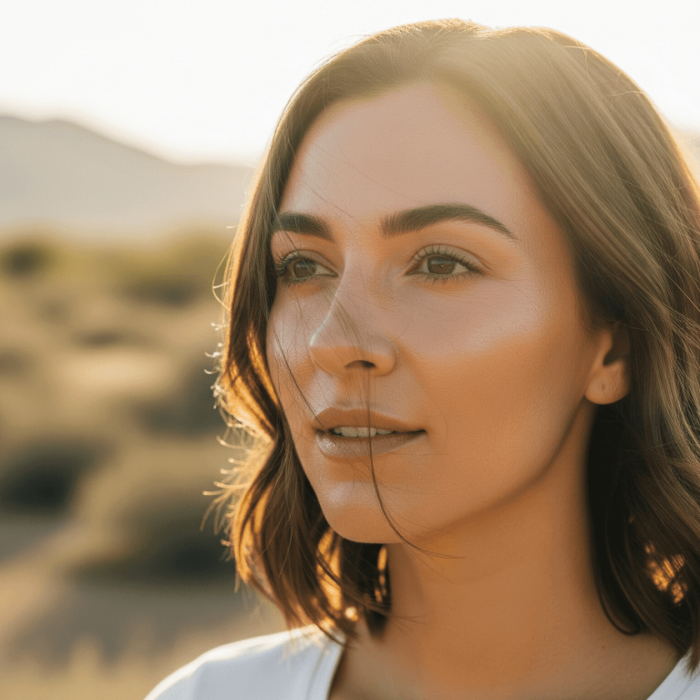Woman with sculpted features enjoying the results of facial balancing