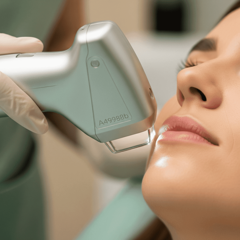 Aesthetic provider using a laser device to shrink pores on the face