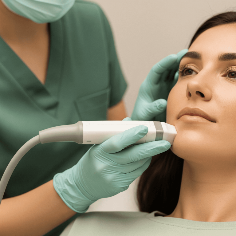 Aesthetic provider performing Ultherapy on a patient’s lower face