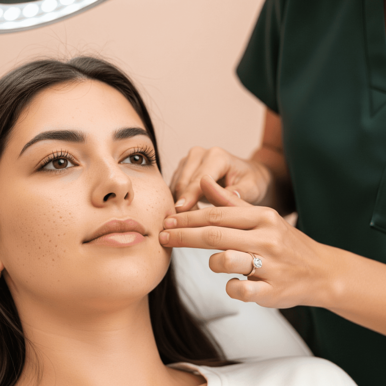 Aesthetician assessing a woman's facial pores before a skincare treatment