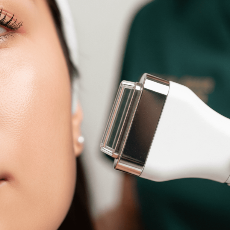 Close-up of skin treatment using a medical-grade exfoliation device