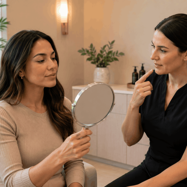 Lip augmentation consultation with patient reviewing facial goals.