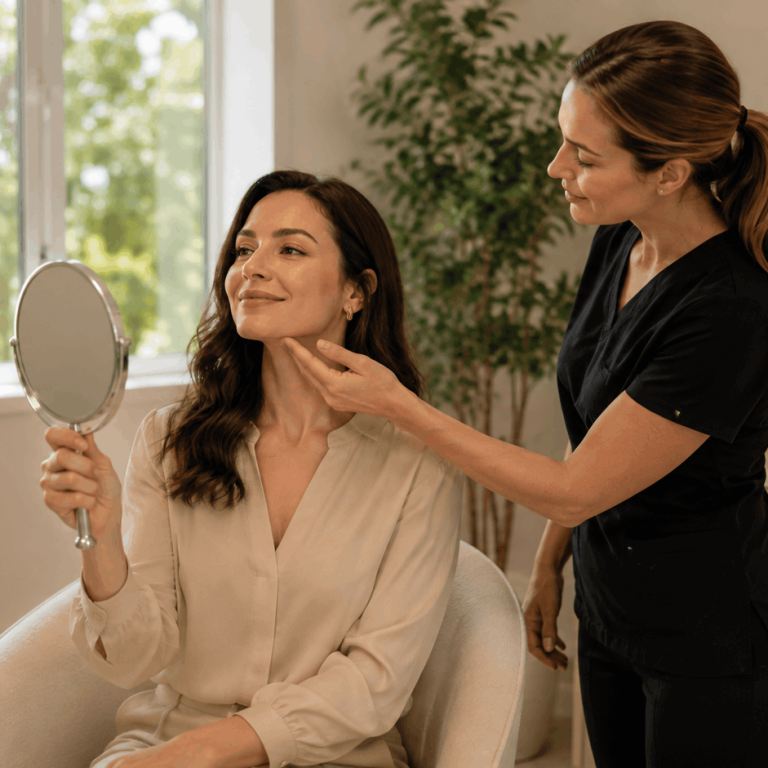 Provider assessing a patient's jawline during a cosmetic consultation for Jawline Contouring Mistakes That Can Make the Lower Face Look Unbalanced