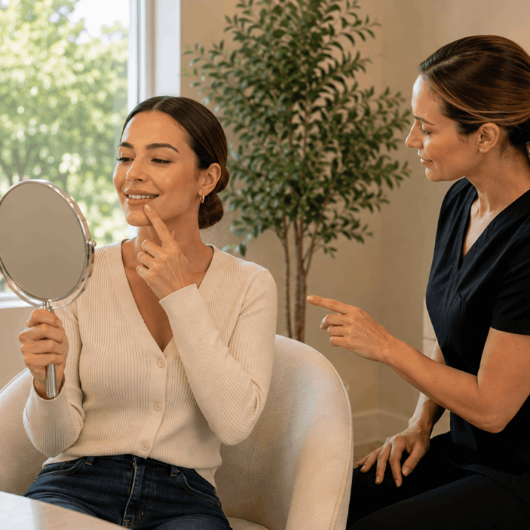 Patient reviewing lip shape with a provider during consultation for How Natural Lip Augmentation Planning Respects Your Existing Lip Shape
