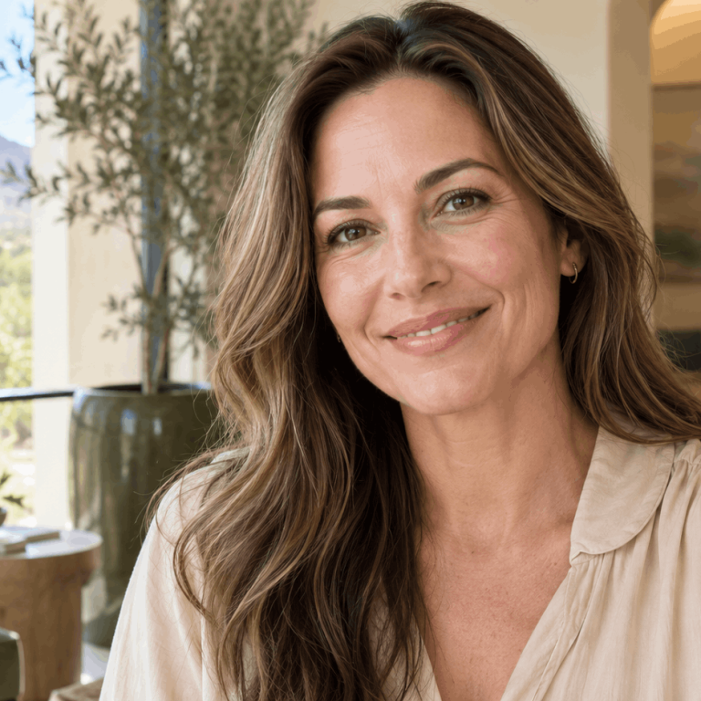 Woman showing smile lines getting deeper with age in a bright aesthetic clinic