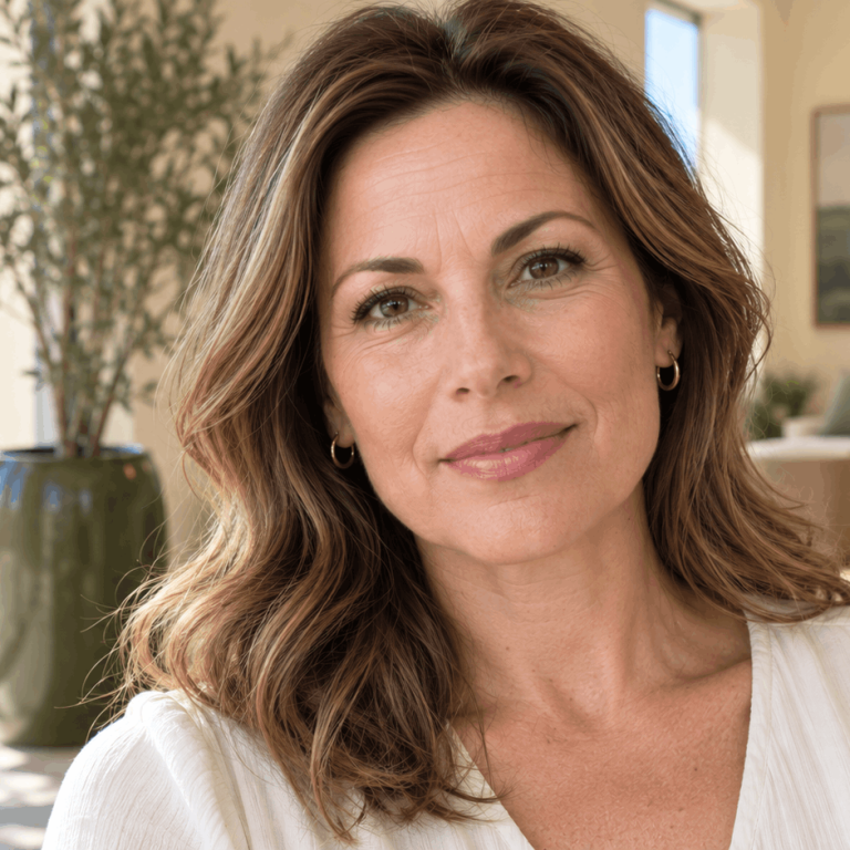 Woman showing wrinkles when face is relaxed in a clinical setting