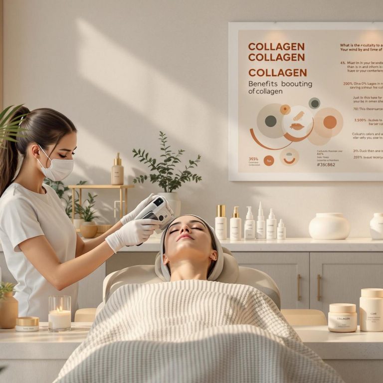 a beauty professional applies an aesthetic device to a clients face with a collagen