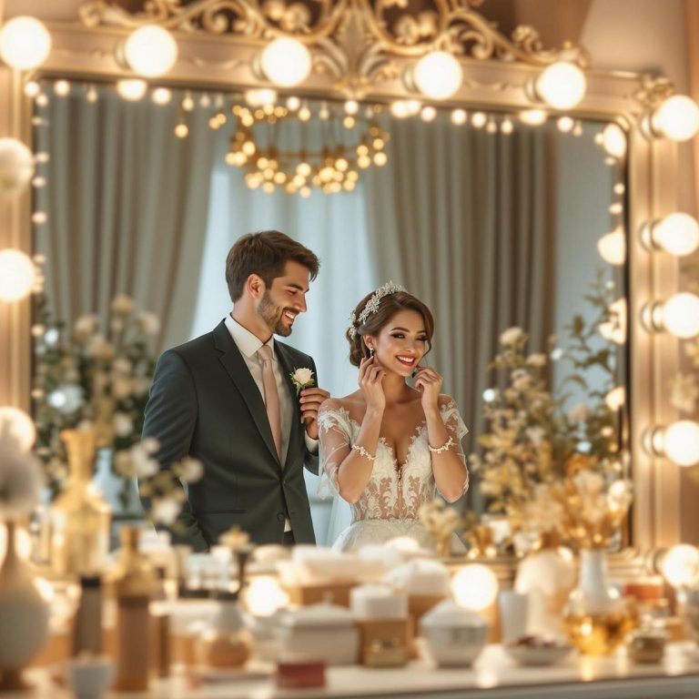 a bride and groom admire their appearance in a lavishly decorated mirror before their wedding